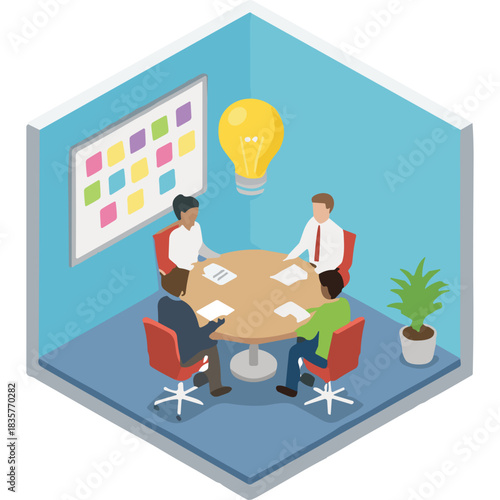 Isometric Business Meeting Room With Diverse Team Brainstorming Ideas Around A Round Table Under A Bright Lightbulb With A Sticky Note Board On The Wall And A Potted Plant