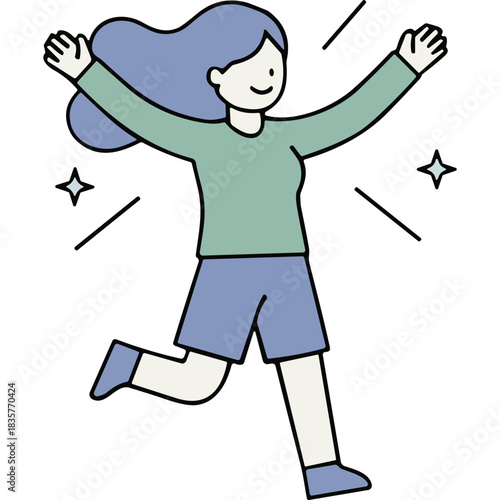 Joyful Young Woman With Blue Hair Wearing Green Long Sleeve Shirt and Blue Shorts Dancing with Arms Raised in Celebration Against a Dark Background with Sparkles