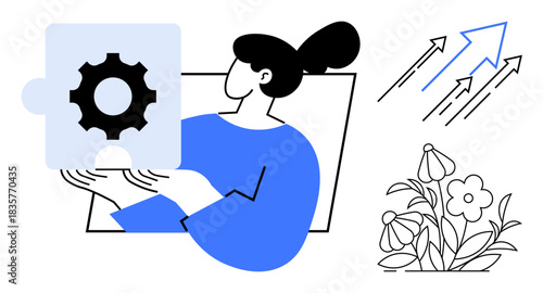 Problem-solving, innovation, growth, progress, teamwork, success. Woman holding puzzle piece with gear, arrows rising flowers growing. Problem-solving and innovation concept