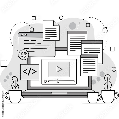 Laptop displaying a video player and code windows surrounded by documents and coffee cups symbolizing a productive coding and content creation environment