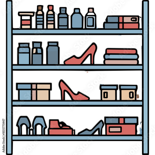 Organized Shelving Unit with Various Items Including Shoes Books and Bottles in a Clean Interior Setting with Natural Light