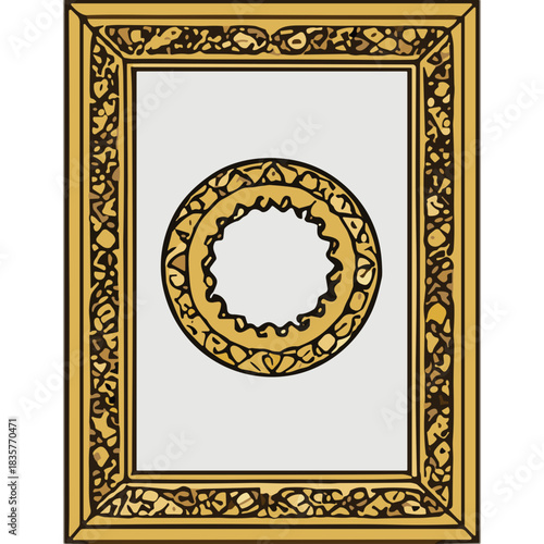 Ornate Golden Rectangular Frame with Intricate Floral Border and a Circular Empty Center on a Light Gray Background