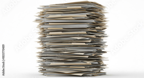A tall stack of files and documents against a white background. Illustrates workload, bureaucracy, and paperwork in a modern office