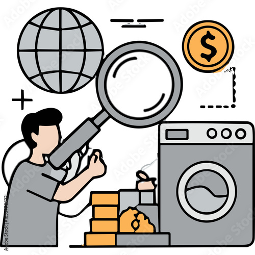 Person examining money with magnifying glass near washing machine and globe symbol representing financial investigation and money laundering concept