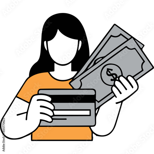 Person Holding Credit Card And Paper Money With Dollar Sign In Clean Modern Illustration Style On Transparent Background
