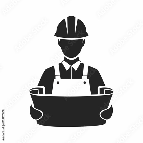 A silhouette of a construction worker wearing a hard hat, holding blueprints, representing construction and building concepts with a minimalist design.