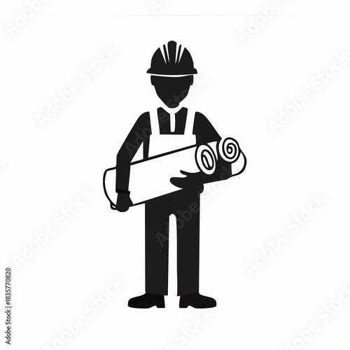 A silhouette of a construction worker wearing a hard hat, holding rolled-up blueprints, representing building and architecture concepts.