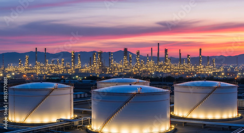 An illuminated oil refinery at dusk, industrial landscape with storage tanks in the foreground. The sunset sky adds a vibrant touch