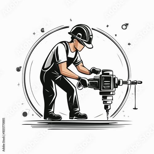 A construction worker uses a jackhammer to drill into the ground, a graphic illustration of manual labor and building.