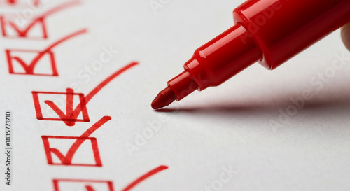 Close-up of a red marker marking checklist boxes on white paper, depicting task completion and achievement
