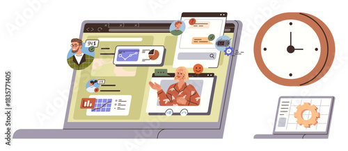 Laptop with diverse video call participants, analytics charts, browser tabs, and a clock nearby. Ideal for teamwork, online meetings, digital workspace, productivity, time management remote work