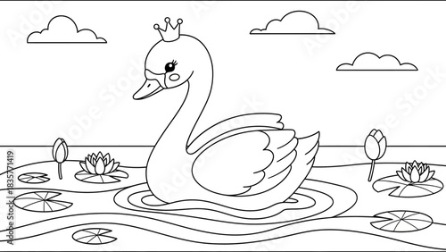 Line art illustration of a swan wearing a crown, swimming on a pond with lily pads and water lilies under a cloudy sky.