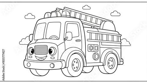 Cartoon illustration of a fire truck with a ladder, smiling face, and clouds in the background, presented as a coloring page.