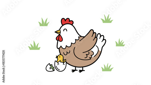 Cartoon illustration of a hen standing next to a newly hatched chick emerging from a cracked egg, surrounded by grass.