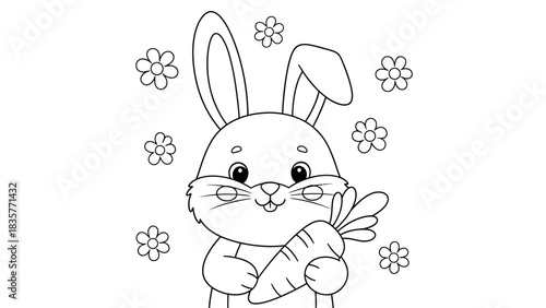 A cute cartoon bunny holding a carrot surrounded by simple flower shapes, presented as a black and white line drawing.