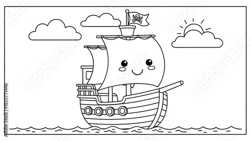 Cute cartoon pirate ship sailing on the ocean with a smiling face, flag, clouds, and sun, in a black and white line art style.