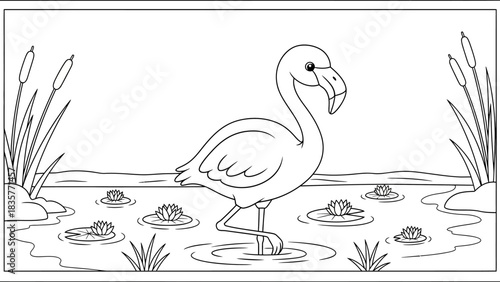 A flamingo stands in shallow water, surrounded by lily pads and reeds, in a simple black and white line drawing.