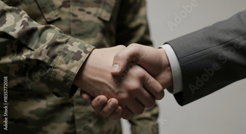 Handshake between a soldier in camouflage uniform and a civilian in business suit. It represents agreement, partnership, and respect