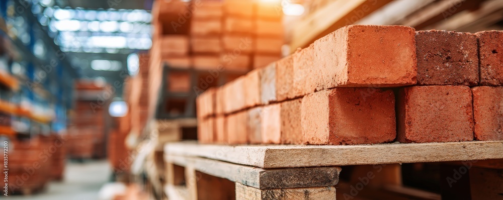 Naklejka premium A stack of red bricks on a wooden pallet in a warehouse, illuminated by warm light, showcasing construction materials ready for use.