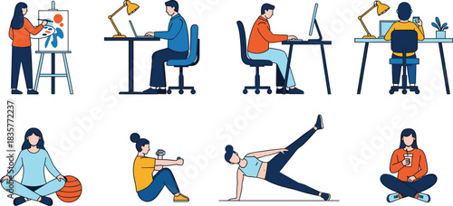 People doing daily activities illustration set including painting, remote work, exercise, yoga and relaxation, diverse lifestyle hobbies and modern routine concept artwork