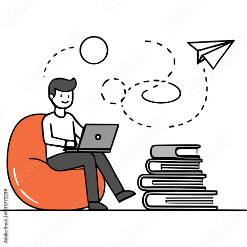 Person Sitting On Bean Bag Chair Using Laptop Next To Stack Of Books With Paper Airplane Flying Away In Black Background