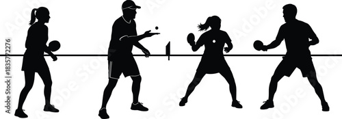 Pickleball players silhouette vector set featuring men and women playing, serving and rallying on court for sports design and illustration projects