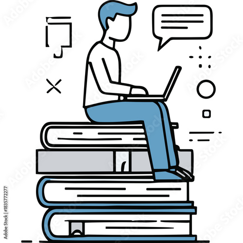 Person Sitting On Stack Of Books Using Laptop Computer With Speech Bubble Above Head Minimalist Illustration Style Blue And White Colors With Abstract Shapes In Background