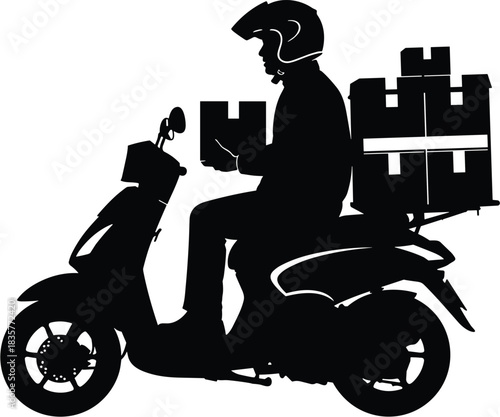 Silhouette illustration of delivery rider on scooter carrying multiple packages, courier service transportation concept for shipping, logistics and express delivery design
