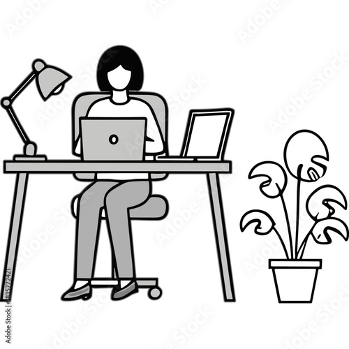 Person Working From Home At A Desk With Laptop And Desk Lamp In Minimalist Style Illustration With A Potted Plant
