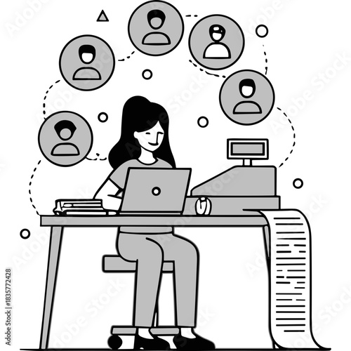 Person Working On Laptop At Desk With Cash Register And Stack Of Papers Surrounded By Floating User Icons And Small Dots In A Minimalist Black And White Illustration