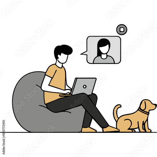 Person Working Remotely On Laptop Sitting On Beanbag Chair With Dog Companion and Video Call Notification Overhead in a Simple Flat Illustration Style