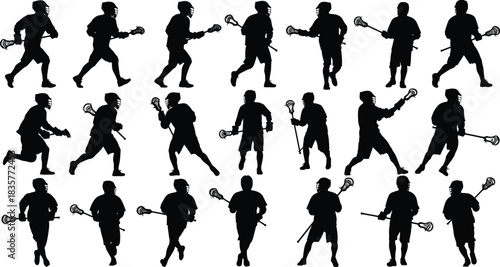 Silhouette lacrosse players running passing shooting with sticks sports action poses collection for athletic training competition design and team illustration elements