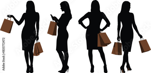 Silhouette of fashionable women shopping with bags, modern female shoppers carrying purchases, retail lifestyle concept showing elegance, commerce and consumer activity