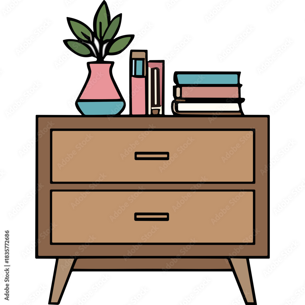 Fototapeta premium Light Brown Wooden Two Drawer Nightstand With Pink And Blue Vase And Stacked Books On Top In A Minimalist Interior Design