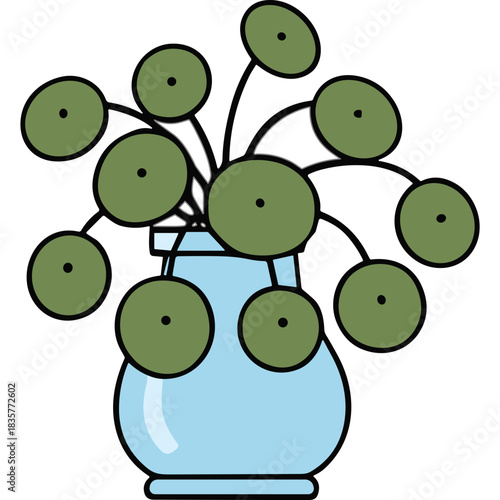 Light Blue Glass Vase Holding Green Pilea Plant With Round Leaves Against A Black Background Simple Clean Vector Illustration With Delicate Stems