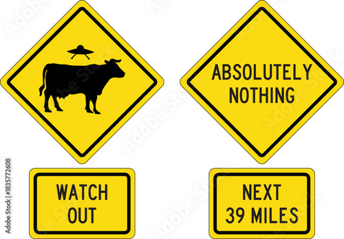 Funny joke traffic signs vector - watch out for aliens and absolutely nothing