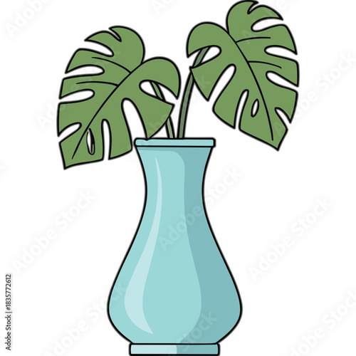 Light Blue Glass Vase Holding Large Green Monstera Leaves Isolated on Black Background Simple Illustration Style
