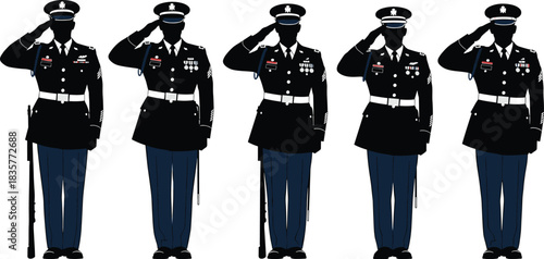 Uniformed military officers standing in formal salute position, ceremonial honor guard illustration, patriotic armed forces personnel in dress uniform formation