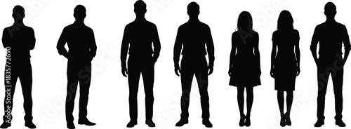 Business people silhouettes standing, diverse professional team poses for corporate illustration, male and female figures in formal attire workplace concept artwork