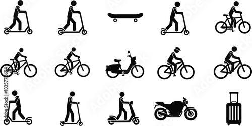 Urban transportation icon set featuring scooters bicycles motorcycles skateboard and luggage, modern commuter mobility symbols for travel illustration and active lifestyle design
