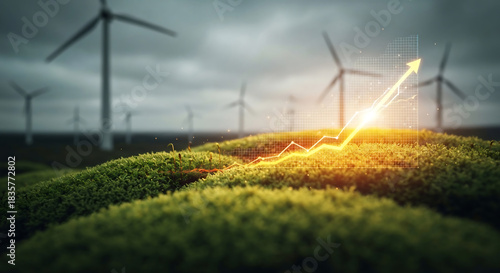 Wind turbines generating clean energy with upward trending graph symbolizes growth