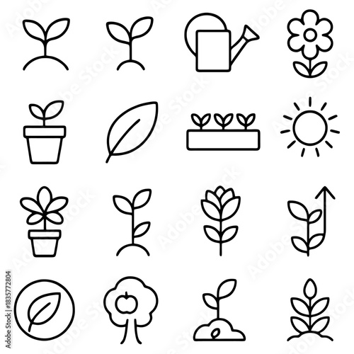 Gardening Icon Set: A comprehensive collection of meticulously crafted line icons illustrating various aspects of gardening, from budding seeds and blooming flowers to essential tools.