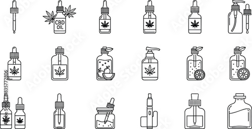 CBD oil dropper bottles collection with cannabis leaf icons, tincture containers, essential oil vials, herbal extract packaging and wellness product design