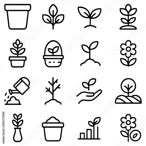 Growing Essentials Icon Set: An array of detailed outline icons related to plant growth. perfect for illustrating the journey from seed to flower.