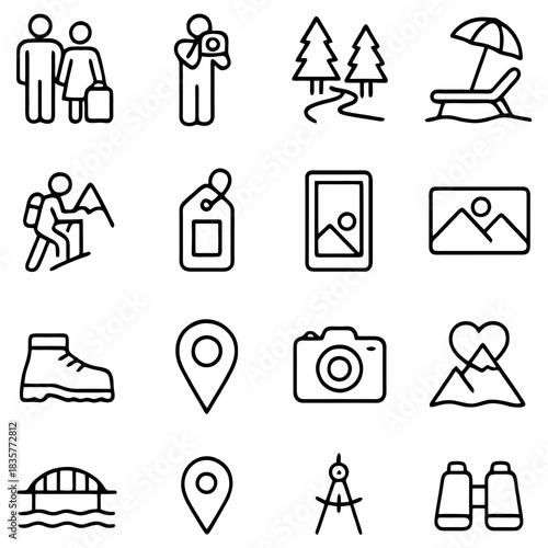 Travel Icon Set: A comprehensive collection of travel icons, perfect for representing various travel-related themes and concepts. Featuring a suitcase, camera, trees, beach umbrella, mountains, etc.
