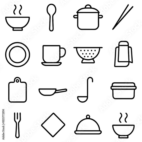Kitchen Utensil Icons: A collection of simple line icons representing various kitchen tools and utensils, perfect for culinary and cooking-related designs.