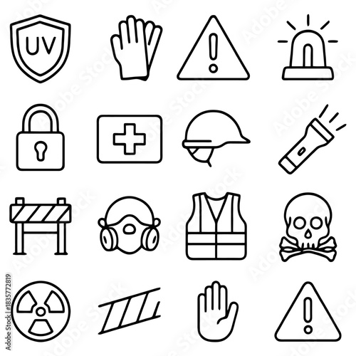 Safety Icons Collection: A comprehensive set of safety icons including a warning sign, radiation, glove, mask, and others. Each icon conveys essential elements