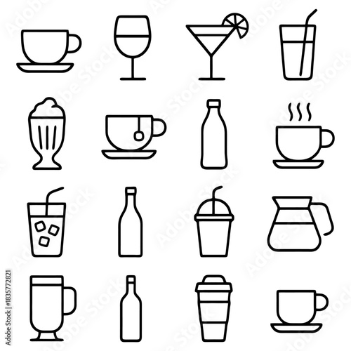 Iconic Beverages Array: A carefully curated set of minimalist line icons, offering a clean and versatile representation of various drink selections.