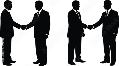 Business professionals shaking hands silhouette, corporate agreement concept, teamwork partnership illustration, formal deal negotiation success vector icon set
