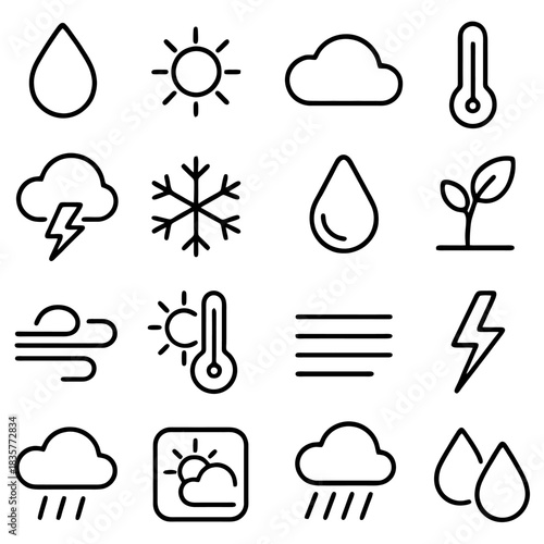 Weather Icons: A collection of simple, minimalistic icons representing various weather conditions, offering a clean and versatile visual resource for various design applications.